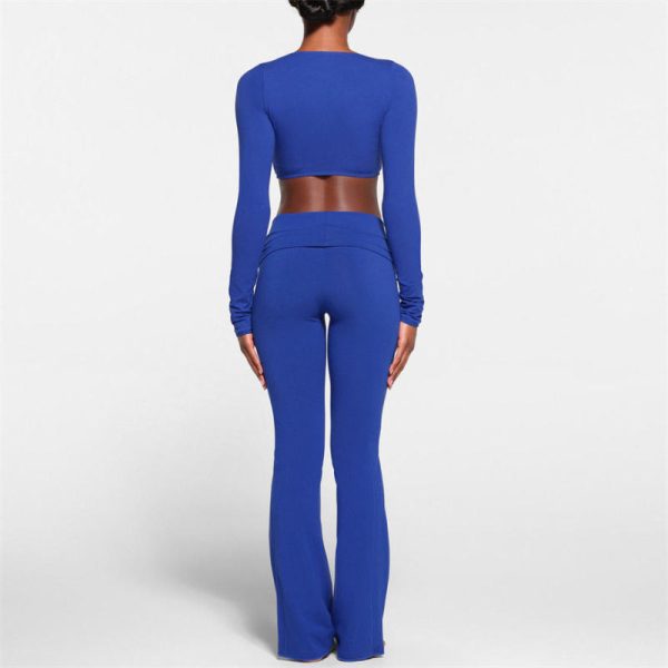 two piece ribbed Yoga women sets Manufacturer | flared pants wide scoop neck long sleeve crop top Factory Supplier - 图片 4
