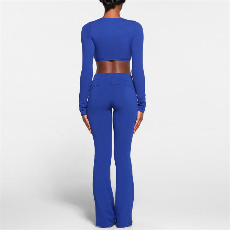 two piece ribbed Yoga women sets Manufacturer | flared pants wide scoop neck long sleeve crop top Factory Supplier - 图片 4