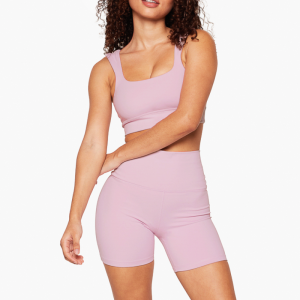 Low Scoop Neck Sports Bra sets Manufacturer | 2 Piece Recyclable Polyester Pink Biker Shorts Set women Factory Supplier