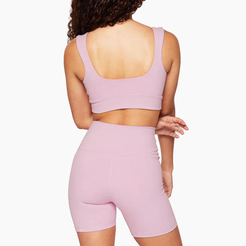 Low Scoop Neck Sports Bra sets Manufacturer | 2 Piece Recyclable Polyester Pink Biker Shorts Set women Factory Supplier - 图片 4
