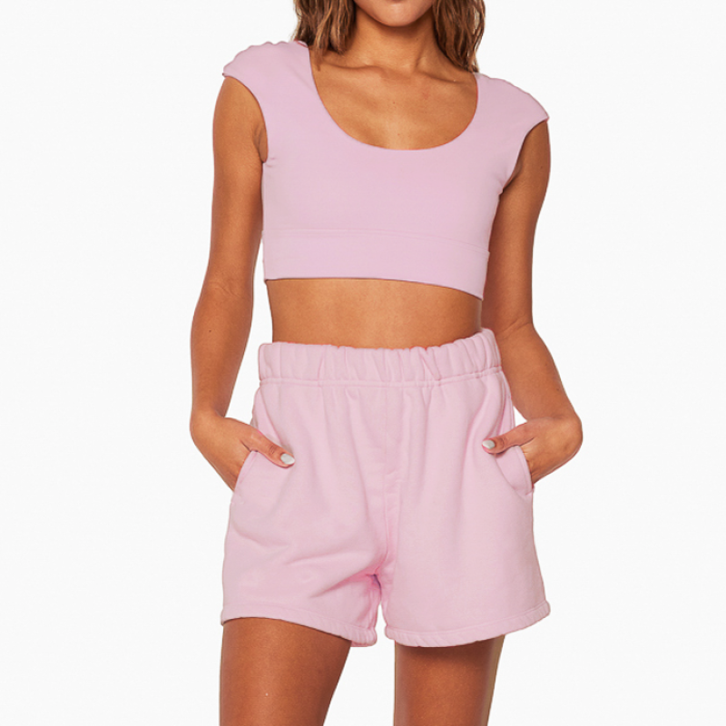 Low Scoop Neck Sports Bra sets Manufacturer | 2 Piece Recyclable Polyester Pink Biker Shorts Set women Factory Supplier - 图片 2