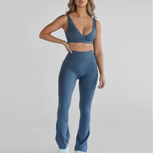 V Neck Sports Bra Activewear Set Manufacturer | 2 Piece Fitness Wear Yoga Flared Leggings Set women Factory Supplier