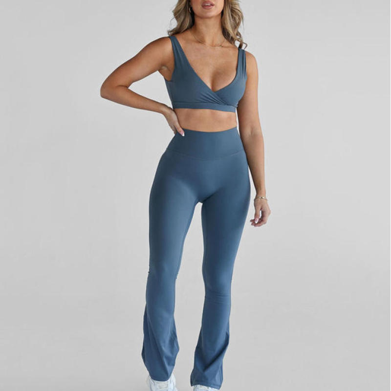 V Neck Sports Bra Activewear Set Manufacturer | 2 Piece Fitness Wear Yoga Flared Leggings Set women Factory Supplier