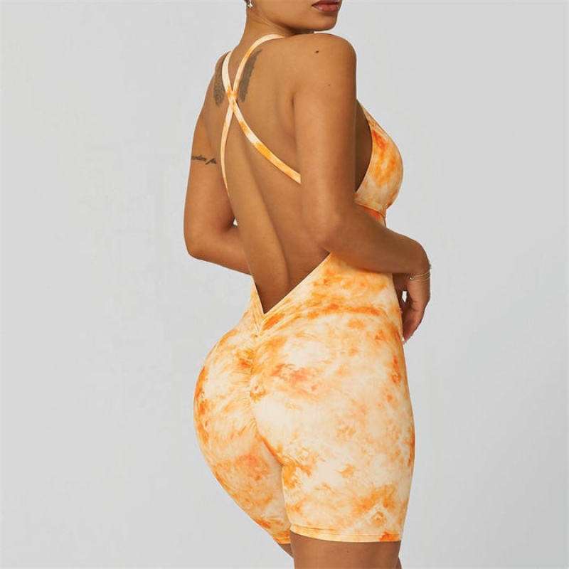 Workout Gym Yoga Tie dye Digital print Jumpsuit Manufacturer | Big Size Recycled Sexy V Neck Backless Exercise scrunch butt Jumpsuits Factory - 图片 3