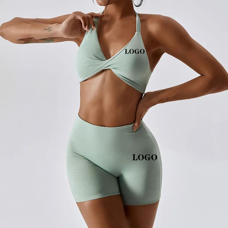 Custom Gym Wear Strappy Sports Bra Biker Shorts Manufacturer | Custom Fitness Apparel Set supplier - 图片 5