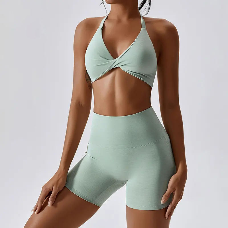 Custom Gym Wear Strappy Sports Bra Biker Shorts Manufacturer | Custom Fitness Apparel Set supplier - 图片 4
