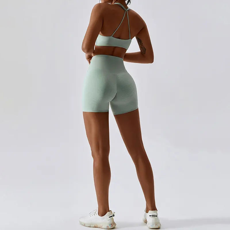Custom Gym Wear Strappy Sports Bra Biker Shorts Manufacturer | Custom Fitness Apparel Set supplier - 图片 3