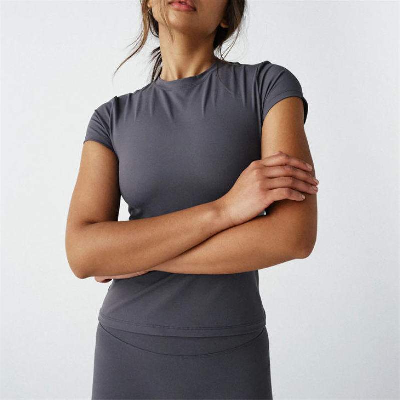 Compression Quick Dry Yoga Gym Tops Manufacturer | Women Workout Solid Short Sleeve Athletic Supplier - 图片 5