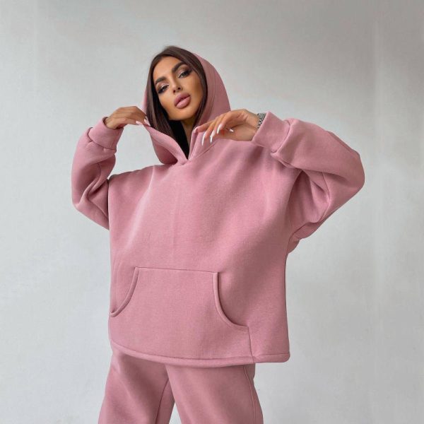 women fleece sweatsuit set tracksuit Manufacturer | Custom hoodies two piece wide leg pant - 图片 2