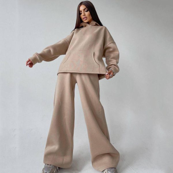 women fleece sweatsuit set tracksuit Manufacturer | Custom hoodies two piece wide leg pant - 图片 3