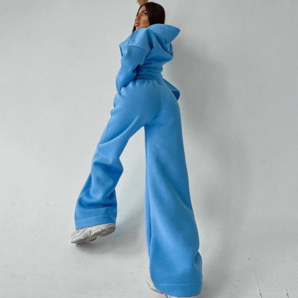 women fleece sweatsuit set tracksuit Manufacturer | Custom hoodies two piece wide leg pant - 图片 4