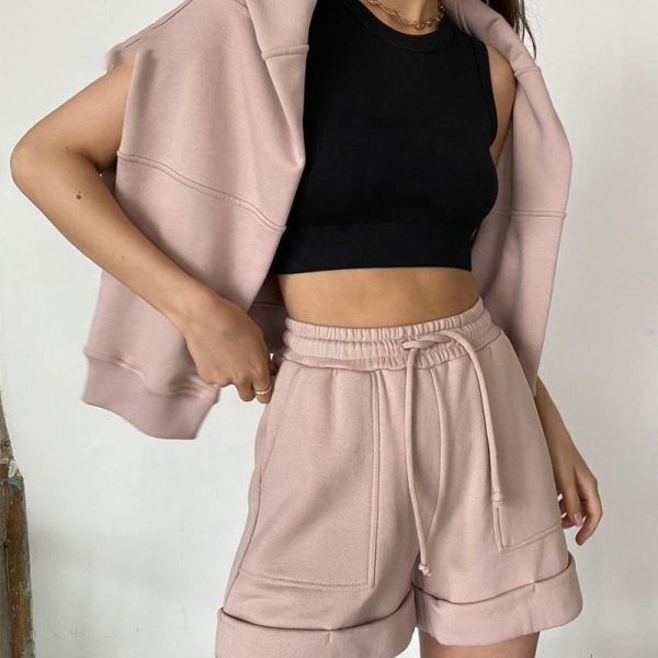 two piece shorts set tracksuit Manufacturer | Custom women tracksuit sweatsuit set - 图片 3