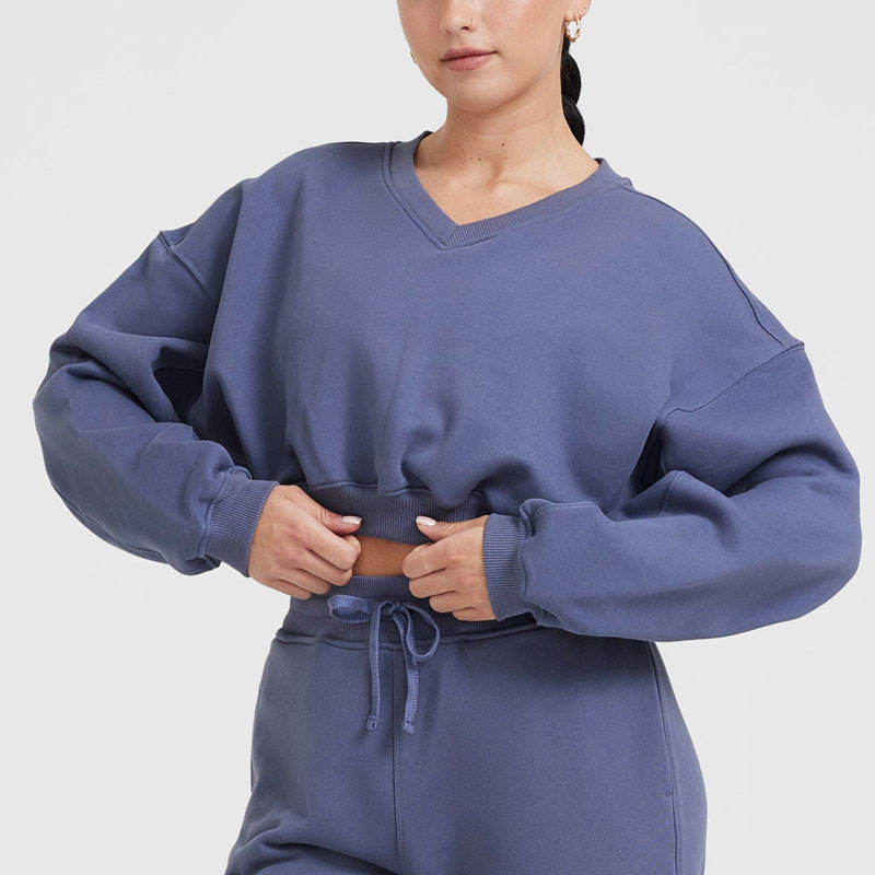 Women V Neck Cropped Tops Sweatshirt Manufacturer | Thick Pullover Oversize sweatshirts Factory - 图片 3