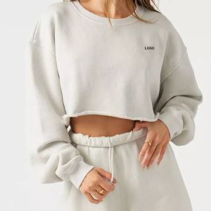 Cotton Loose Crop Top Sweatshirt Manufacturer | Crew Plain Cotton raw hem Neck sweatshirts Factory