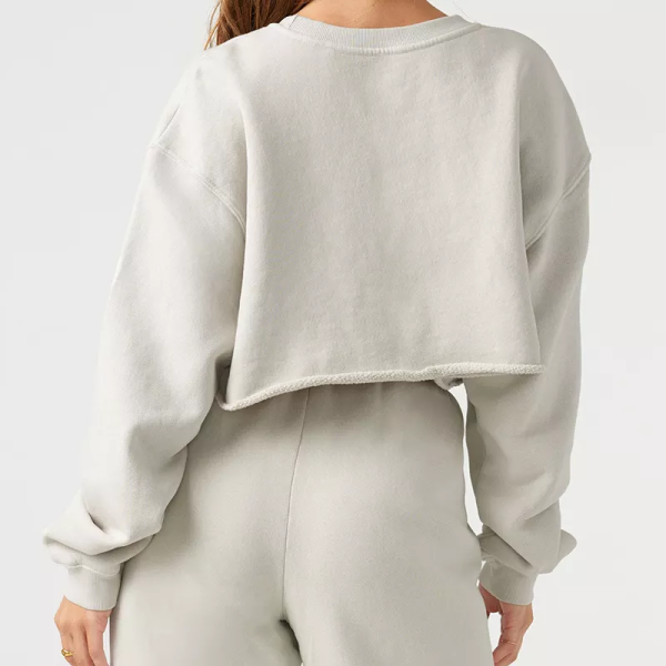 Cotton Loose Crop Top Sweatshirt Manufacturer | Crew Plain Cotton raw hem Neck sweatshirts Factory - 图片 2
