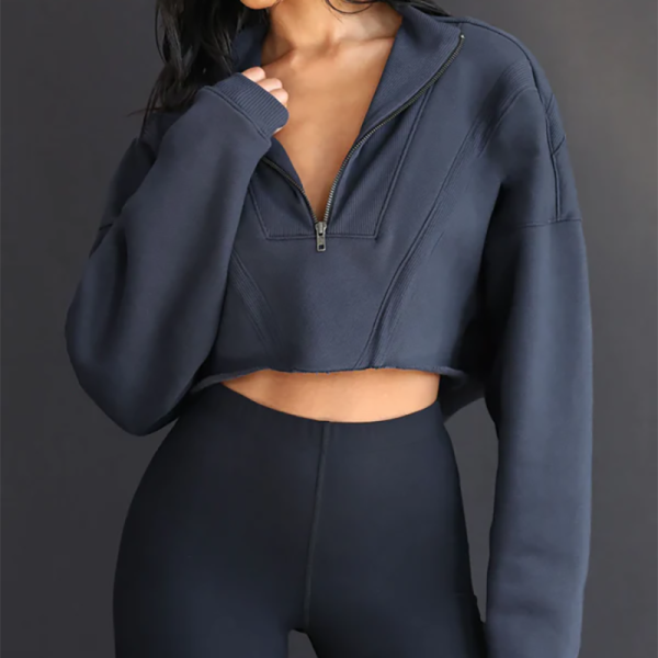 Custom half zipper Sweatshirt Manufacturer | Custom women ribbed trimmed cropped Sweatshirt - 图片 4