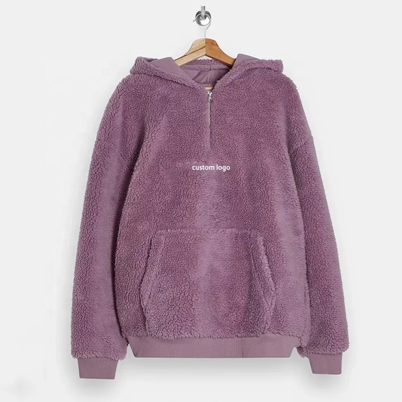 Custom Embroidery Sherpa Hoodie manufacturer | warm Zip Collar Fuzzy Heavyweight hoodie manufacturer - 图片 3