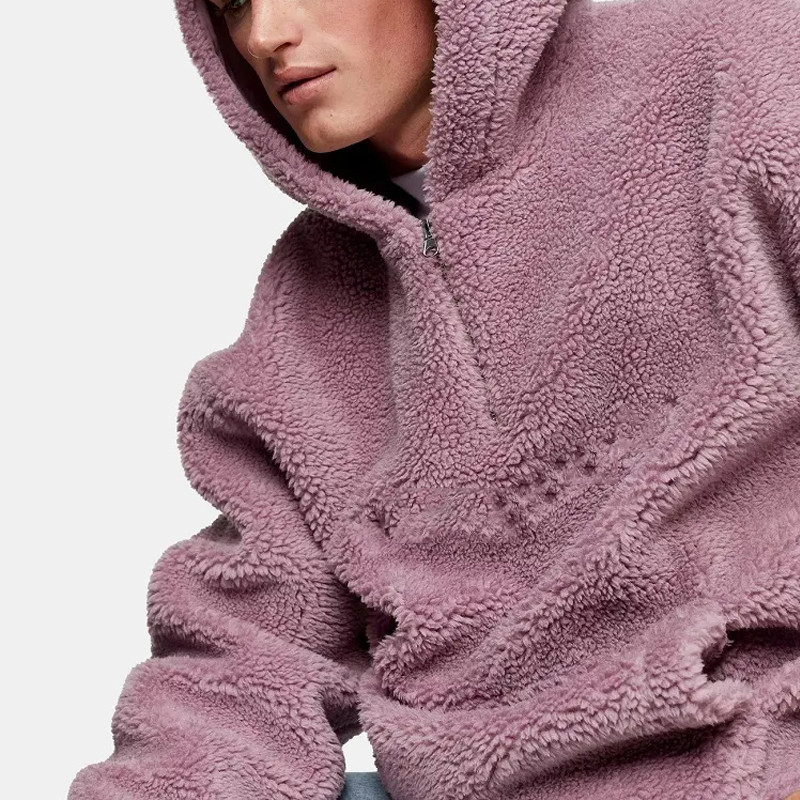 Custom Embroidery Sherpa Hoodie manufacturer | warm Zip Collar Fuzzy Heavyweight hoodie manufacturer - 图片 4